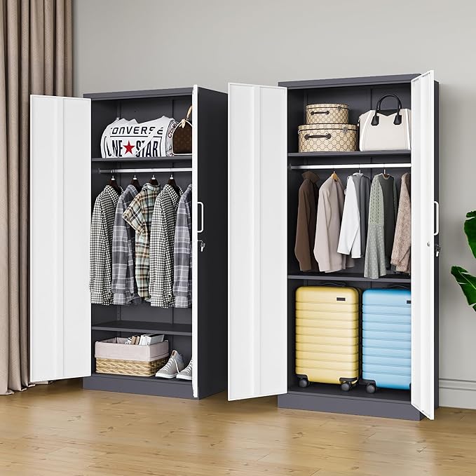 MIIIKO Wardrobe Closet with 2 Doors, 72" Metal Wardrobe Cabinet with Hanging Rod for Bedroom Laundry Room and Office, Clothes Storage Organizer Cabinets with Locking Door and Shelf