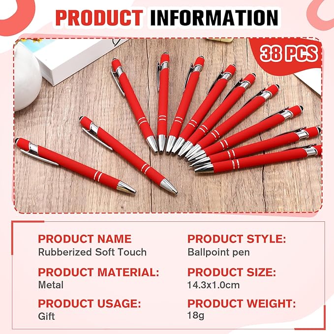Zonon 38 Pieces Rubberized Ballpoint Pen with Stylus Tip Stylish Metal Pen Capacitive Styli with Soft Rubberized Grip, Black Ink for Most Devices(Red)