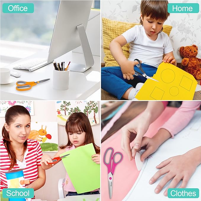 Black 6 Scissors Pack, Rkqoa 8" All Purpose Scissor - High Performance and Designed for Everyday use, Stainless Steel Shears Set with Comfort Grip, Right/Left Handed