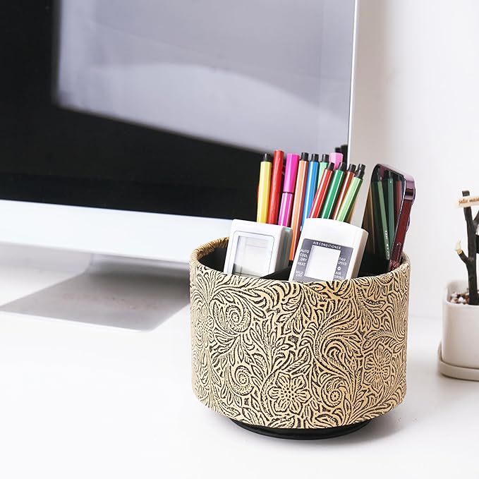 lizimandu Round Leather Art Supply Organizer,Remote Control Holder,360 Degree Spinning,Multi-Functional Pencil Holder,4 Compartments Desktop Stationary Organizer(1-Yellow Black)