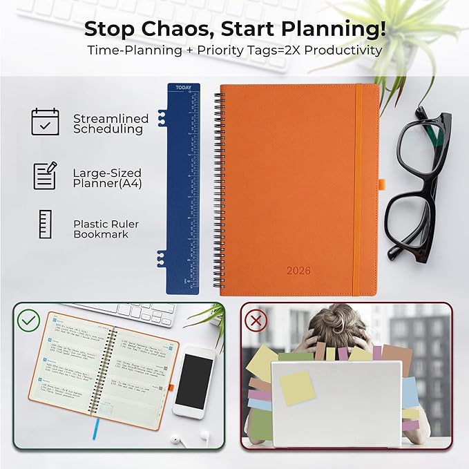 Planner 2026 Daily Weekly and Monthly,11.5"x8.5",12 Months Spiral Bound Calendar Agenda with Self-adhesive Pen Holder,2026 Appointment Book with Vegan Leather Soft Cover,Orange