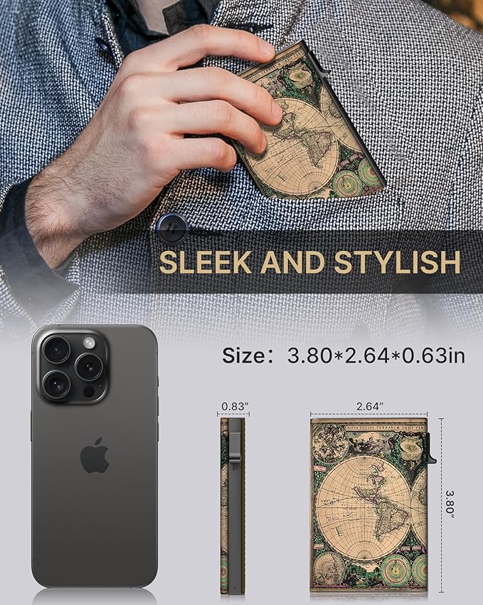 typecase Mens Wallet Card Holder: Pop Up Aluminum Case, Carbon Fiber Leather, Smart, RFID Blocking, Slim, Minimalist, Front Pocket - 9-14 Card Capacity | ID Window | Cash Slot (Map)