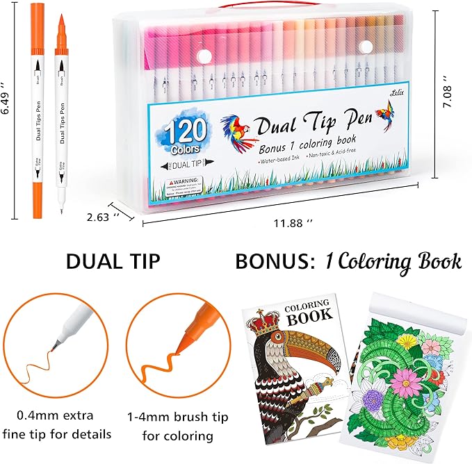 Lelix 120 Colors Dual Tips Brush Pens Art Markers with a Coloring Book, Brush and Fine Point Pens Fineliner for Adults Kids Coloring Books Calligraphy Journaling Lettering Drawing