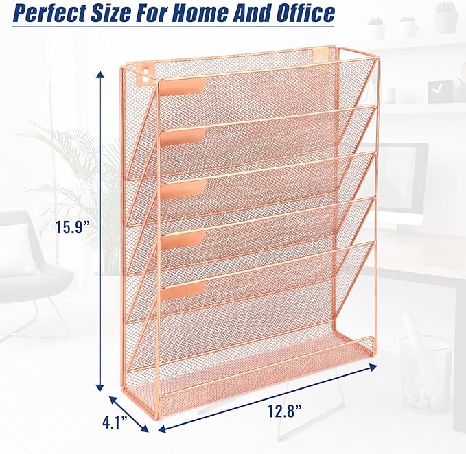 EASEPRES Desk File Organizer Mesh 6-Tier, Hanging Wall Mount Document Organization Stand, Desktop Vertical Mail Paper Folder Holder Rack with Bottom Tray for Office Home Cubicle Countertop, Rose Gold