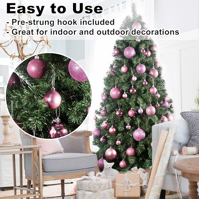 GameXcel 24Pcs Christmas Balls Ornaments for Xmas Tree - Shatterproof Christmas Tree Decorations Medium Size Hanging Ball Pink 2.5 inch x 24 Pack inch