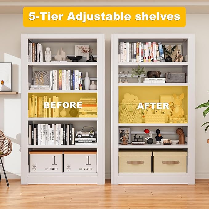 Metal Bookshelf, Adjustable 69" Tall Bookcase, 5 Tier Heavy Duty White Book Shelf with Book Stopper, Industrial Book Shelves for Living Room, Library, School, Office