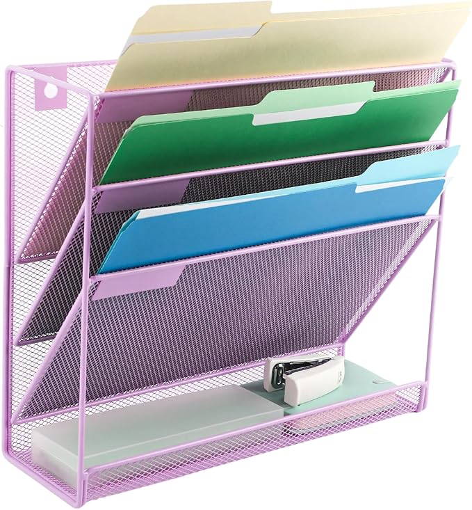 EASEPRES Desk File Organizer Mesh 4-Tier, Hanging Wall Mount Document Organization Stand, Desktop Vertical Mail Paper Folder Holder Rack with Bottom Tray for Office Home Cubicle, Light Purple