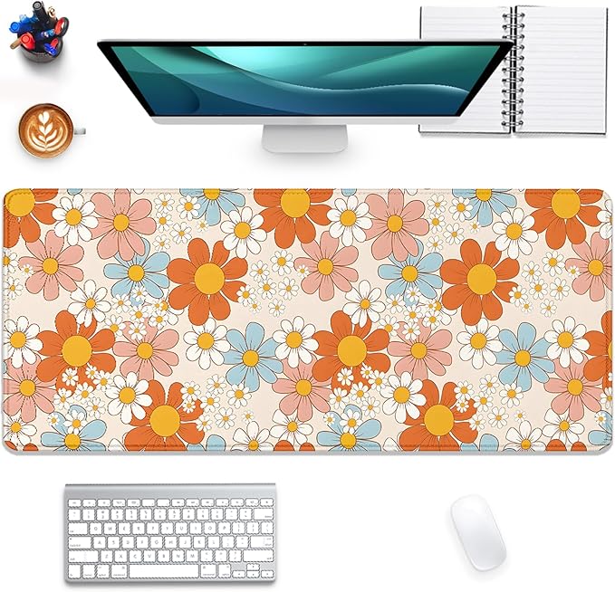 Vintage Floral Mouse Pad Daisy Desk Pad,Retro Flower Mouse Mat,Extended Gaming Mouse Mat,Stitched Edges Non-Slip Waterproof Rubber Base Mous Mat for Office Home Work Game Desk Pad(27.5X11.8 in)