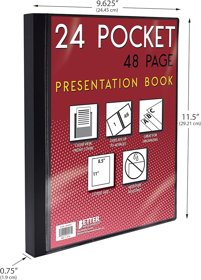 Better Office Products 24 Pocket Bound Presentation Book, Black, Clear View Front Cover, 48 Sheet Protector Pages, 8.5" x 11" Sheets, Art Portfolio, Durable Poly Covers, Letter Size (4 Pack)