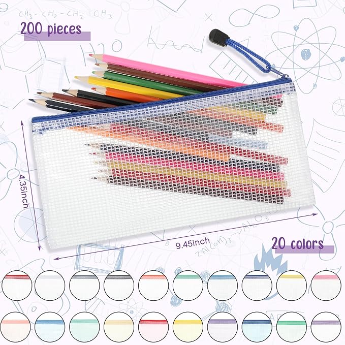 Zhehao 200 Pieces A6 Mesh Zipper Pouch Bulk Mesh Bags with Zipper Waterproof Small Pencil Pouches for School Office Supplies Organization 9.4 x 4.5 Inches(Multiple Colors)