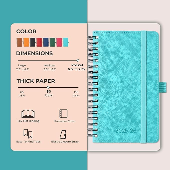 Planner 2025-2026 Daily Weekly and Monthly,6.5"x3.75",18 Months Spiral Bound Calendar Agenda with Self-adhesive Pen Holder,2026 Academic Plan with Vegan Leather Soft Cover,Light Blue
