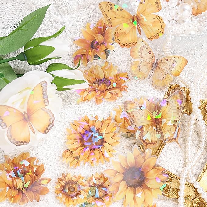 Doraking 60 Pieces Glitter Shiny Flower Stickers for Journaling, Waterproof Decorative Decal for Scrapbooking Supplies Journal Planners Art Crafts Photo Album Decor (Yellow)