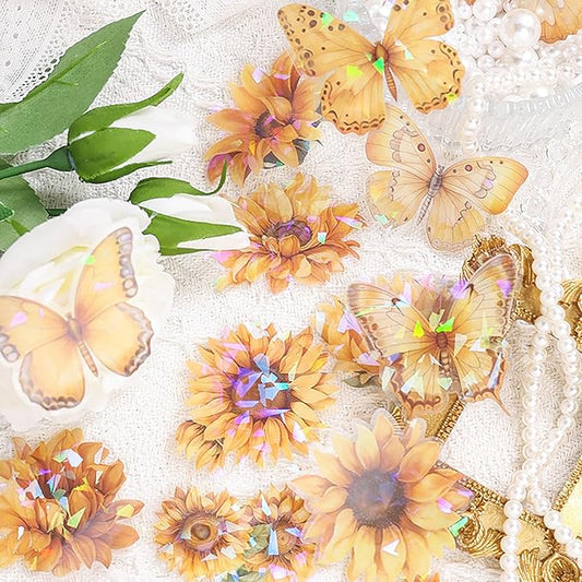 Doraking 60 Pieces Glitter Shiny Flower Stickers for Journaling, Waterproof Decorative Decal for Scrapbooking Supplies Journal Planners Art Crafts Photo Album Decor (Yellow)