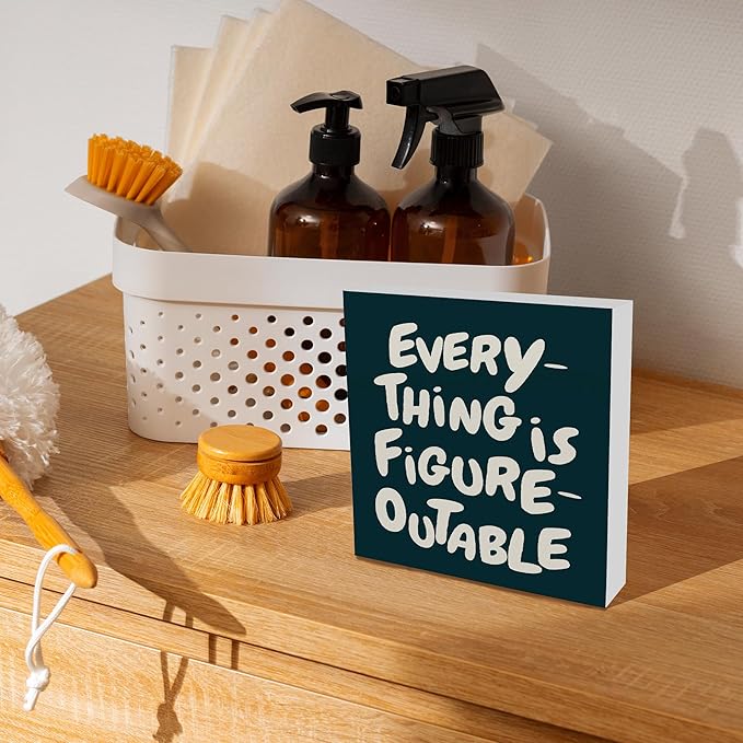 Inspirational Cyan Office Decor, Every Thing is Figure Outable Motivational Office Accessories Wooden Box Sign, Inspirational Gifts for Women, Men Wall Desk Shelf Tabletop Decoration 5x5In