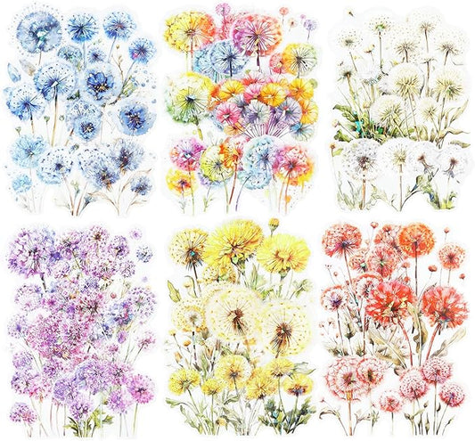 Dandelion Floral PET Stickers Set, 60PCS Holographic Botanical Flower Stickers for Scrapbooking, Journaling, DIY Crafts, and Art Supplies