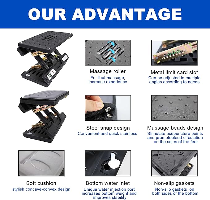 Adjustable Foot Rest and Footstool Under Desk, Ergonomic Leg Rest with Massage Roller, Height & Angle Adjustable, Detachable Cushion for Office and Home (Gray)