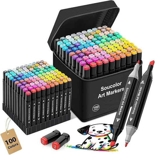 Soucolor Alcohol Markers 100 Colors with Case & Holders, Dual Tips Chisel & Fine Art Markers for Adult Coloring Kids Drawing, Artist Markers Art Supplies for Blending Sketching