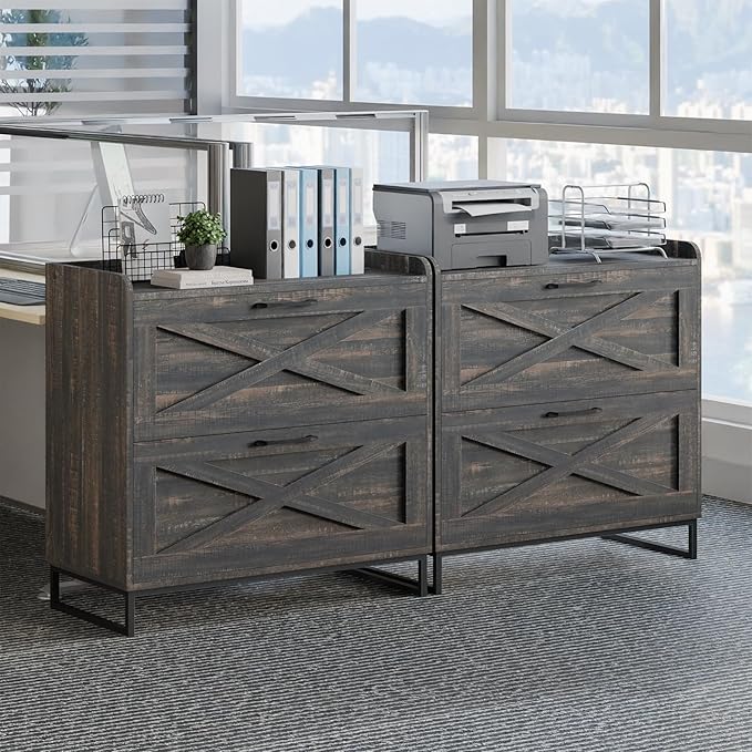 Lateral File Cabinet 2 Drawer File Cabinet with Charging Station for Legal/Letter/A4 Size Hanging Files, Modern Farmhouse Large Wood File Storage Cabinet for Home Office Furniture(Dark Rustic Oak)