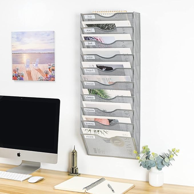 PAG Hanging Wall File Holder Organizer Mail Sorter Literature Rack for Office, 10 Pockets, Silver
