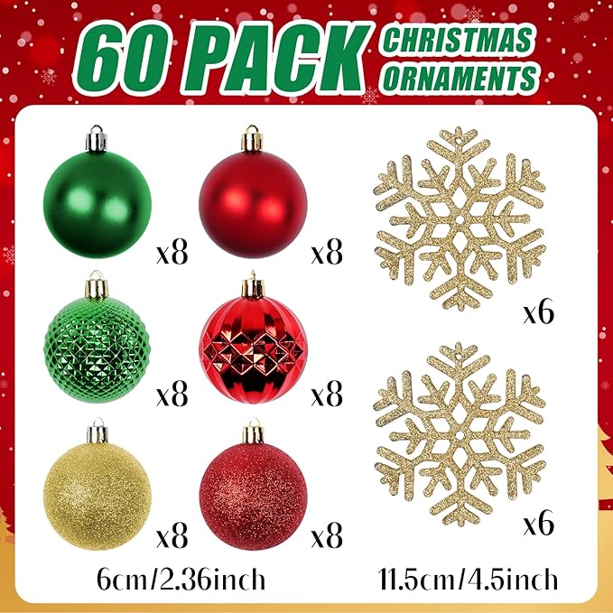 Christmas Tree Decorations Ornament Set, 60ct 2.36 Inches Red Green and Gold Shatterproof Christmas Ball Ornaments, Hanging Ball for Xmas Holiday Wedding Party Decor