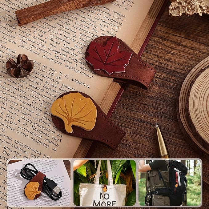 2PCS Vintage Magnetic Leather Bookmark, Leather Magnetic Bookmarks for Women, Magnetic PU Bookmarks Clip Book Accessories, Ginkgo & Maple Leaf