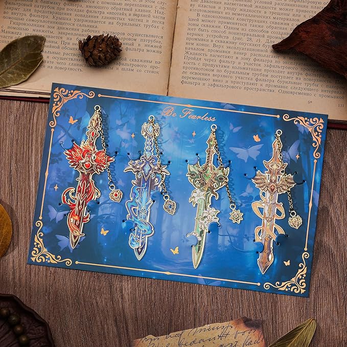 Fantasy Sword Bookmarks 4pcs - Medieval Knight Warrior Metal Book Marks for Readers, Gifts for Book Lovers, Cool Literary Page Holders for Reading Accessories, Men Women Teens, Christmas Birthday