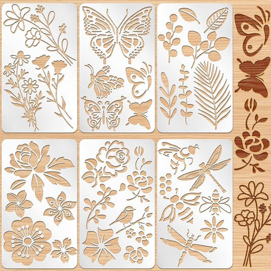 Lewtemi 6 Pcs Mixed Metal Stencil Wood Stencil Templates Stencils for Journaling Burning Stencils for Wood Carving Drawing Engraving Scrapbooking Journal Craft DIY(Plant Style)