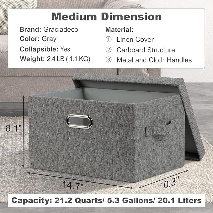 Medium 15" 21 Quart Collapsible Stackable Storage Bins with Lids, 1 Pack Gray Foldable Fabric Closet Storage Boxes with Lids, 4 Handles Heavy-duty Linen Cube Baskets for Bedroom