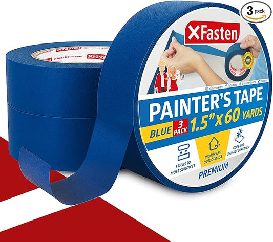 XFasten Professional Blue Painters Tape, Sharp Edge Line Technology, 1.5 Inches x 60Yards (3-Pack) - Produces Sharp Lines and Residue-Free Artisan Grade Clean Release Wall Trim Tape