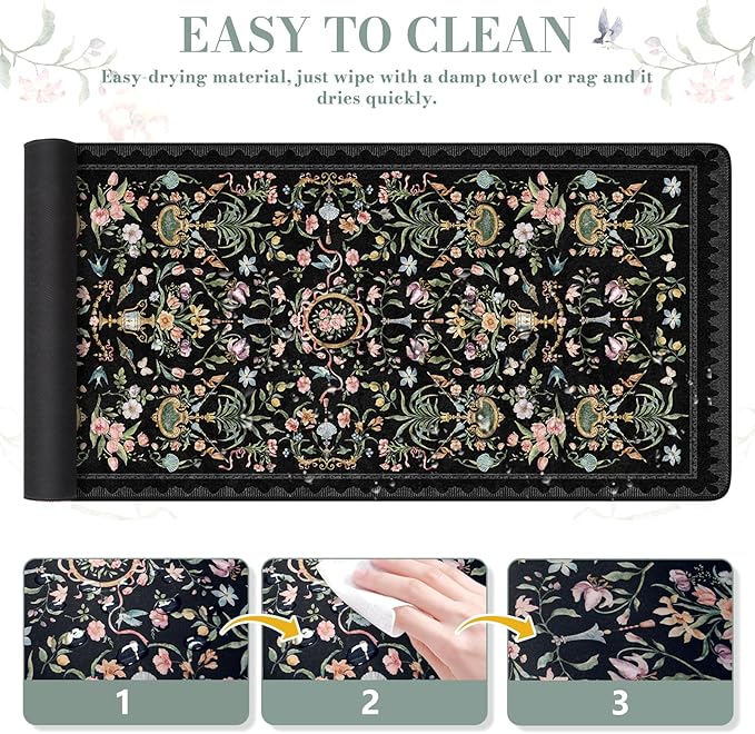 iCasso Large Desk Mat Black,Big Mouse Pad with Stitched Edges,Aesthetic Computer Pad for Desktop,Anti-Slip Keyboard Mat for Women,Floral Desk Cover Protector Work from Office Home Dorm