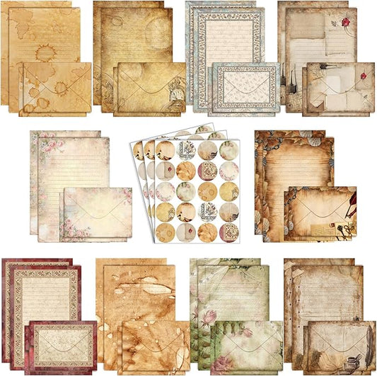 TaoBary 160 Pcs Stationery Paper Set 50 Double Sided Stationery Papers with 50 Matching Envelopes and 60 Round Dot Sticker, 10 Design(Lace Edged Scrapbook,5.5 x 8.25 Inch)