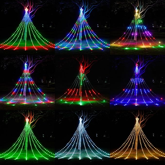 16.4 FT Christmas Decorations Outdoor Star String Lights,Smart APP Remote Control RGB Color Changing DIY 317 LED Waterfall Lights for Garden Yard Outdoor Xmas Decorations