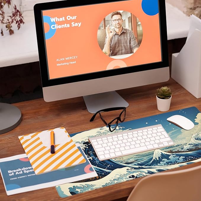 Desk Mat,Blue Japanese Sea Wave Desk Pad,Japanese Sea Wave Large Gaming Mouse Pad for Desk,Extended Big Computer Keyboard Mouse Pad with Non-Slip Base and Stitched Edge,31.5"x11.8"