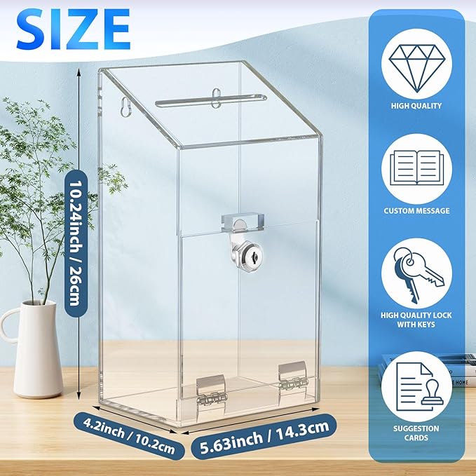 Acrylic Donation Box 10.2" x 5.6" x 4" Suggestion Box with Lock and Slot Wall Mount Safe Key Drop Ballot Clear Fundraising for Home Office Vote