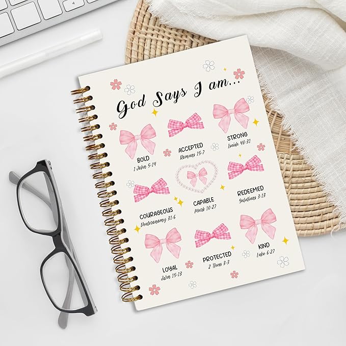 Bible Notebook, A5 Spiral Christian Journal with Floral Pink Butterfly Notebook, Bible Verse-God Says You Are, Inspirational Notebooks for Women, Bible Study, Gift for Birthday Christmas