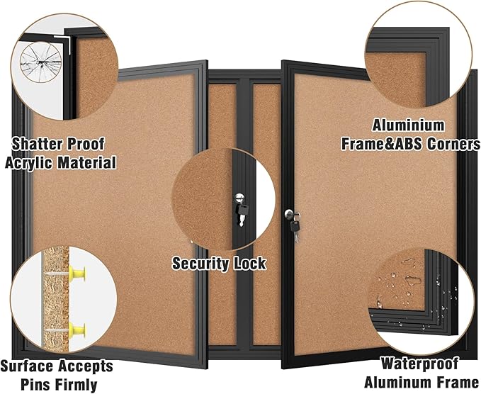 48"x30" Enclosed Bulletin Board, Outdoor Lockable Weather-Resistant Aluminum Cork Noticeboard for School & Office, Silver Frame w/Black Flet