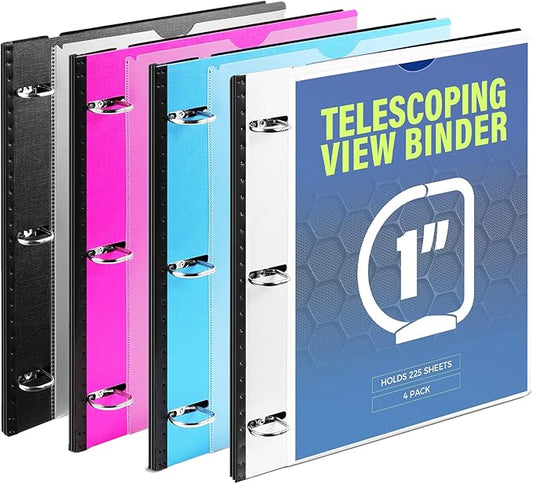 WOT I 4-Pack Telescoping 3 Ring Binder 1 Inch, Expandable Flexible Binder - Patented Design for Easy Portability, Holds 225 Sheets, Perfect for School, Office&Home Organization(Black+Pink+Blue+White)
