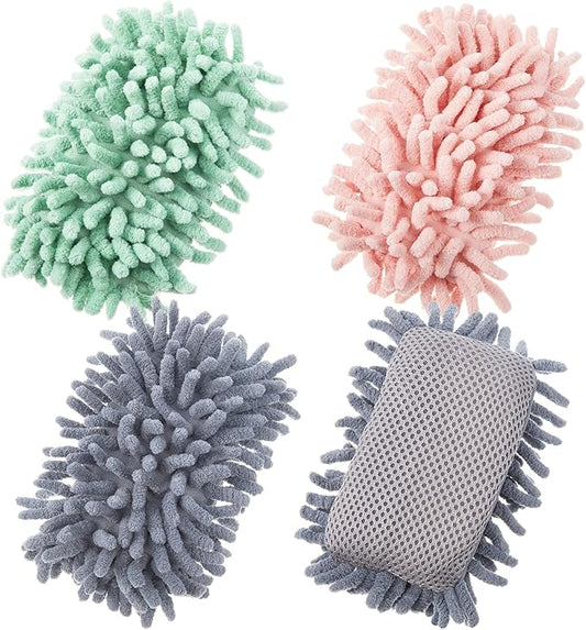 Zonon 4 Pieces Dry Erase Eraser Microfiber Shag Washable Whiteboard Eraser for Markers, Chalk, Classroom, Home and Office(Pink, Green, Gray)