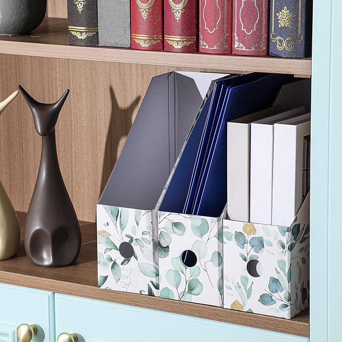 PerKoop 6 Pcs Magazine File Holder Foldable Decorative Cardboard File Folders 6 Patterns Floral Colored Magazine Rack with Printable Sticker Labels for School Office Home Desk (Eucalyptus Leaves)