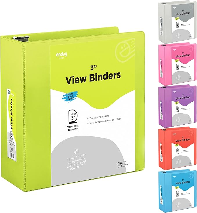 3 Slant D-Ring Binder 3 Inch Green, 3 in Clear View Cover with 2 Inside Pockets Binder, Heavy Duty Colored School Supplies Binders,Also Available in Red, Grey, Purple, Blue, Pink (24 PC) – by Enday