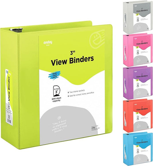 3 Slant D-Ring Binder 3 Inch Green, 3 in Clear View Cover with 2 Inside Pockets Binder, Heavy Duty Colored School Supplies Binders,Also Available in Red, Grey, Purple, Blue, Pink (12 PC) – by Enday