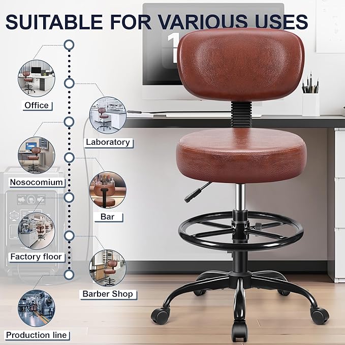 Drafting Chair with Backrest – Adjustable Foot Rest Rolling Stool with Wheels, PU Leather Swivel Stool for Office Spa Studio Lab Counter Salon Home Work Bar Kitchen Shop(Ember Brown)