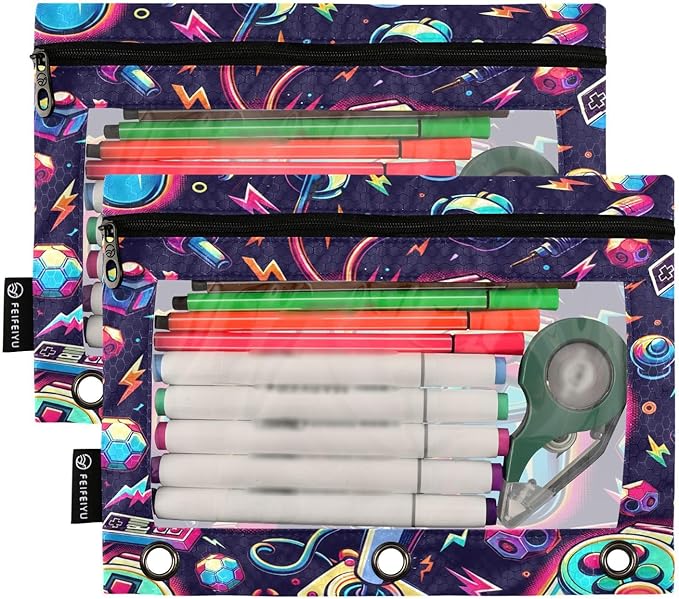 Bright Game Joystick Pencil Pouch for 3 Ring Binder, 2 Pack Waterproof Pencil Bags Clear Window Zipper School Office Supplies