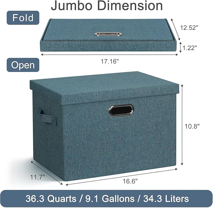 Large 17" 36 Quart Collapsible Stackable Storage Bins with Lids, 3 Packs Blue-Green Linen Fabric Closet Boxes with Lids, Storage Cube Baskets Container Organizers for Bedroom (17x12x11)