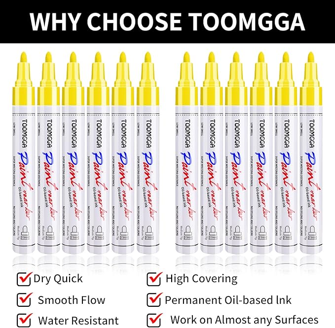 Yellow Permanent Paint Pens Paint Markers - 12 Pack Oil Based Markers, Quick Drying and Waterproof Marker Pen, Car Tire, Metal, Rock Painting, Wood, Ceramic, Plastic, Canvas, Mugs, Medium Tip