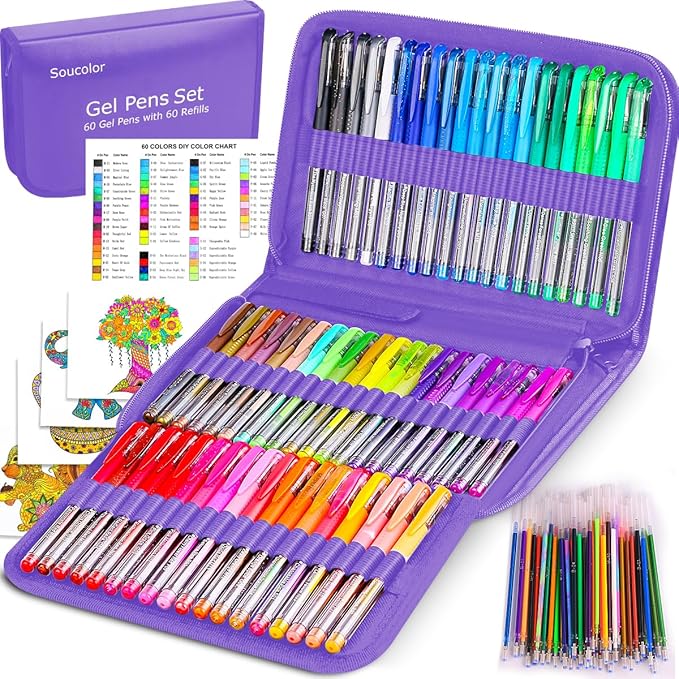 Soucolor Teen Girl Boys Gifts Trendy Stuff, Aesthetic Cute Preppy Stuff School Supplies, Deluxe 120 Pack Colored Gel Pens for Kids Adult Coloring Books, 60 Gel Pens, 60 Refills and Travel Case