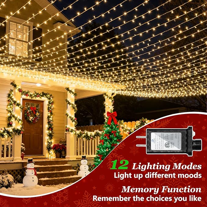 1500 LED 470FT Christmas Lights Outdoor, Christmas String Fairy Lights with Timer & Memory, Waterproof 12 Modes Dimmable Twinkle Tree Lights for Home Patio Wedding Party Yard Xmas Decor, Warm White