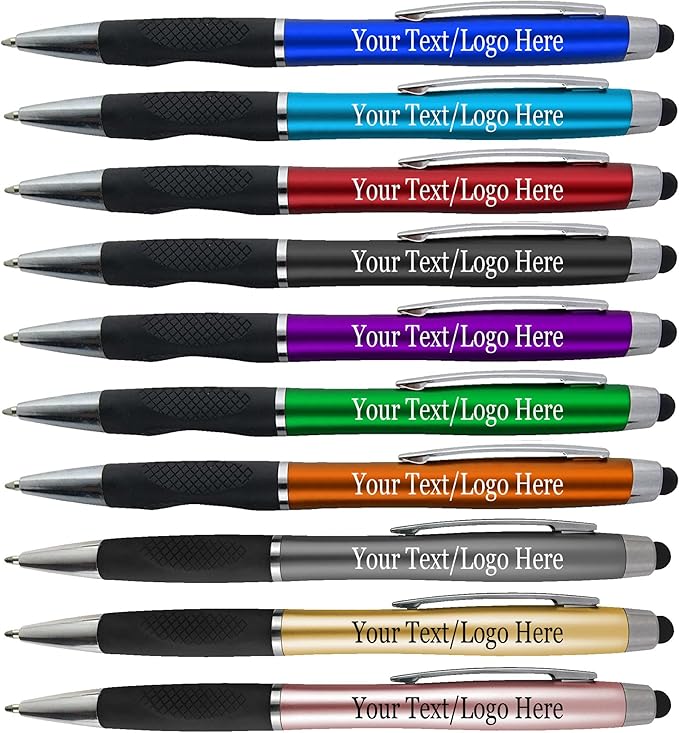 Personalized Stylus Pens With your Custom Logo or Text -300 Pack Bulk-for Businesses, Parties, and Events, 2 in 1 Ballpoint Pen + Capacitive Stylus for Touchscreen Devices, Green Barrel, Blue Ink