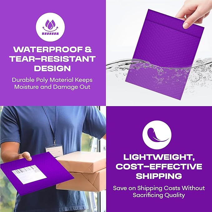 Purple 10.5x16 Inch Large Poly Bubble Mailers #5 | Padded Envelopes with Self Seal | Air Lined Cushioned Bubble Mailer | Usable Size 10.5x15 | 200 Pack Bulk | Lightweight shipping Bags