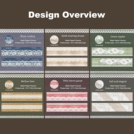 Lace Pattern Washi Tape Set, 6 Rolls Japanese Paper Decorative Stickers with 1 Clip, Lace Fabric for Scrapbooking, Journaling, Craft Supplies, 1.57in x 79in